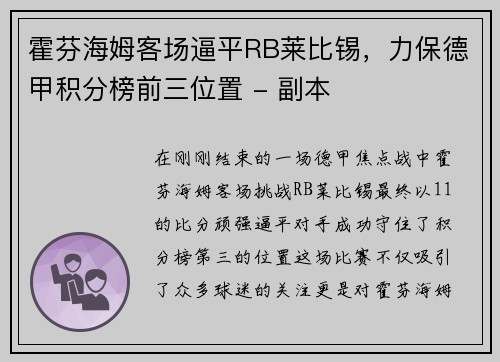 霍芬海姆客场逼平RB莱比锡，力保德甲积分榜前三位置 - 副本