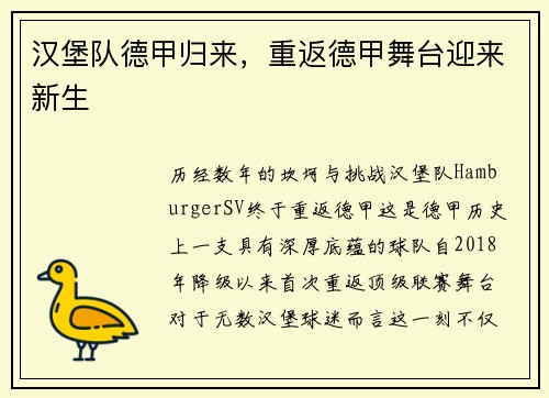 汉堡队德甲归来，重返德甲舞台迎来新生