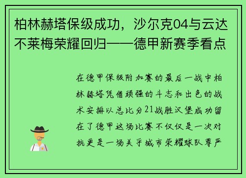 柏林赫塔保级成功，沙尔克04与云达不莱梅荣耀回归——德甲新赛季看点满满