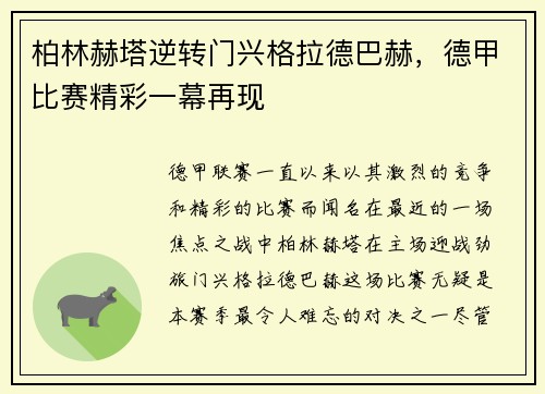 柏林赫塔逆转门兴格拉德巴赫，德甲比赛精彩一幕再现