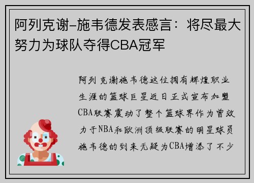 阿列克谢-施韦德发表感言：将尽最大努力为球队夺得CBA冠军