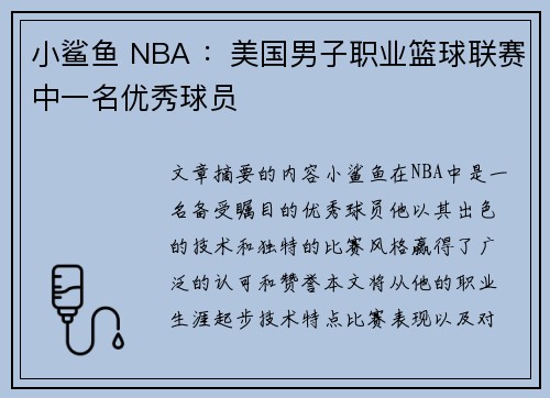 小鲨鱼 NBA ：美国男子职业篮球联赛中一名优秀球员